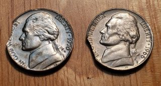 1970 D & 1966 Jefferson Nickel Clipped Planchet Error Coin