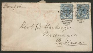 Ceylon 1869 Qv 1d Blue X2 On Cover With Trincomalee F Postmarks - Pusselawa