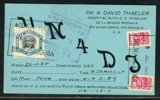 Nicaragua Postal History: Lot 166 1953 Qsl Card Bilwaskarma - Auckland $$$