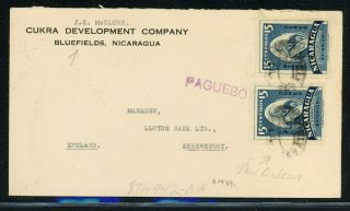 Nicaragua Postal History: Lot 161 1940s? 20c Paquebot Bluefields (n.  O. ) - Uk $$