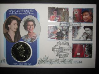 Gb 1992 Accession 40th Anniversary - Set Of 5 Stamps,  Alderney £2 Coin On Fdc