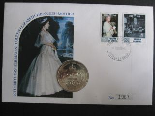Tristan Da Cunha 1990 Queen Mother 90th Birthday Set Of 2 Stamps,  £2 Coin Fdc