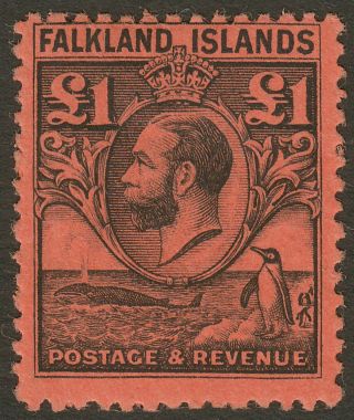 Falkland Islands 1929 Kgv Whale And Penguins £1 Black On Red Sg126 Cat £325