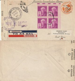 Us 1947 Wartime Censored Air Mail Flown Cover Los Angeles - Hamburg British Zone