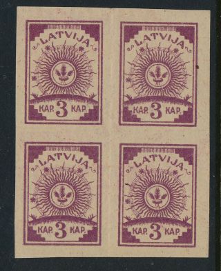 Latvia.  1919.  3 K.  Lilac - Block Of 4 - Printed On Colored Paper