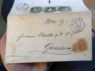 Rare Pair 1867 Lisbon Portugal Folded Letter Postal Cover To Genoa Italy 2