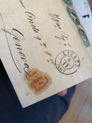 Rare Pair 1867 Lisbon Portugal Folded Letter Postal Cover To Genoa Italy 3