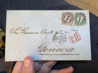 Rare Pair 1867 Lisbon Portugal Folded Letter Postal Cover To Genoa Italy 7