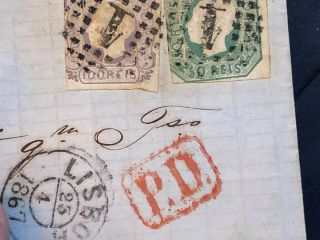 Rare Pair 1867 Lisbon Portugal Folded Letter Postal Cover To Genoa Italy 9