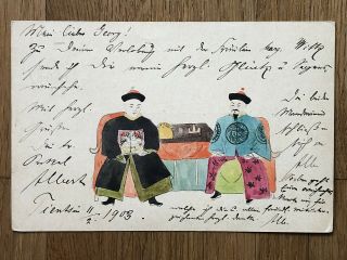 China Old Postcard Hand Painted Chinese Men Sitting Tientsin To Germany 1903