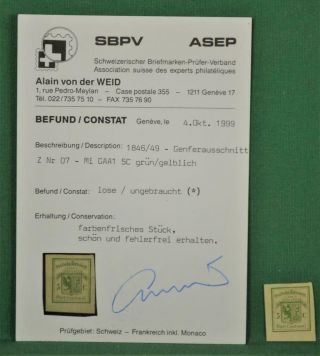 Switzerland Canton Geneva Stamp 1849 5c Sg G6 H/m No Gum With Certificate (c80)