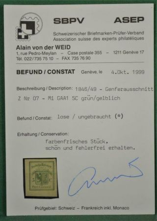 SWITZERLAND CANTON GENEVA STAMP 1849 5c SG G6 H/M NO GUM WITH CERTIFICATE (C80) 4