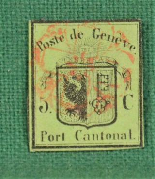 SWITZERLAND CANTON GENEVA STAMP 1845 5c YELLOW GREEN SG 43 CERTIFICATE (C78 2