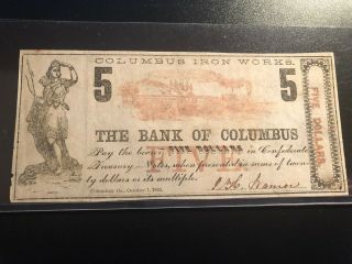 1862 Confederate Bank Of Columbus Georgia Iron 5 Dollar Note 531
