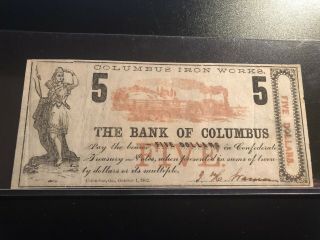 1862 Confederate Bank Of Columbus Georgia Iron 5 Dollar Note 532