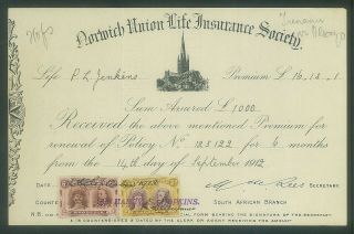 Rhodesia - 1912 Insurance Doc.  With 3d (p14) & 6d (p15) Double Heads Es515)
