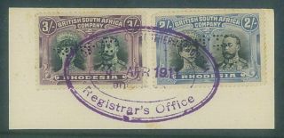 Rhodesia - 1910 2/ - & 3/ - Double Heads Fiscal Use Piece (sg153 & Sg158) (es511)