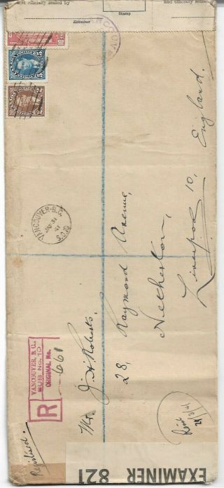 Reg.  Vancouver 1945 Censored Cover To England With Kgvi Stamps Ref 974