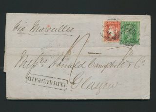 1857 India Cover Moulmein Burma - Glasgow,  Qv Litho,  Rare India Unpaid H/s,  Vf