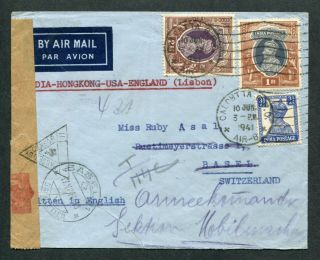 1941 India Gb Kgvi Airmail Censor Cover To Switzerland Via Hong Kong