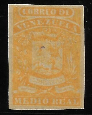 Venezuela: 1859; Scott 001,  With Gum Not Hinged,  1/2 R.  Yellow.  Ebv029