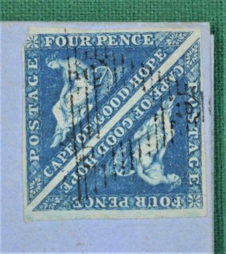 CAPE OF GOOD HOPE STAMP COVER 1859 WITH PAIR 4d BLUE TRIANGLES TO CAPE TOWN (C73 2