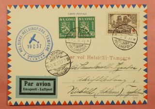 1937 Finland First Flight Helsinki To Tampere Postcard