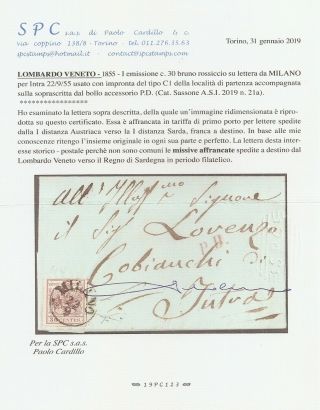 1855 ITALY LOMBARDY - VENETIA COVER,  SA 21a,  GREAT MARGINS,  CARDILLO CERT 3