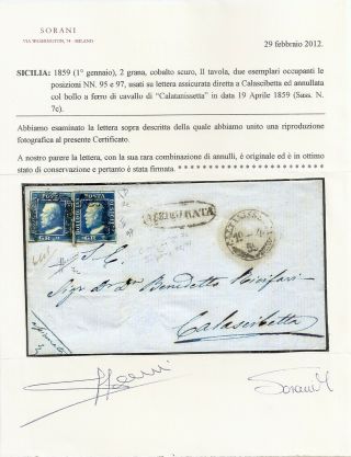 1859 ITALY SICILY COVER,  SA 7c x 2 STAMPS,  $13500.  00,  MAJOR RARITY 3