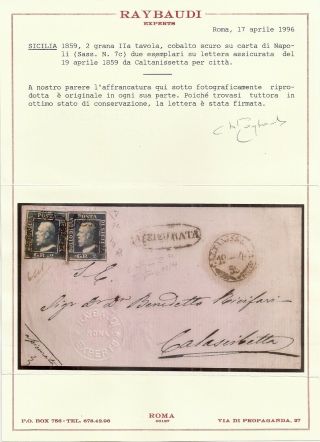 1859 ITALY SICILY COVER,  SA 7c x 2 STAMPS,  $13500.  00,  MAJOR RARITY 4
