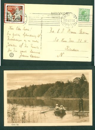 Denmark.  Christmas Card 1913 With Seal,  5 Ore.  Copenh.  Grib Lake,  People.  24 Dec.