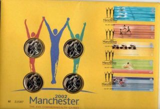 Commonwealth Games Fdc 16 - 7 - 02 Manchester Shs,  4 Brilliant Unc Gb £2 Coins F16
