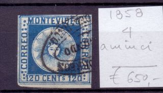 Paraguay Montevideo 1858.  Thin Spot Stamp.  Yt 4.  €650.  00