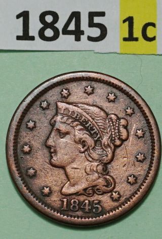 1845 Braided Hair Large Cent Us Copper Coin Fine Details Reverse Damage Cleaned