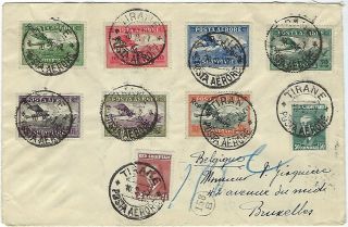 Albania 1927 Airmail Cover To Belgium With Overprint Set