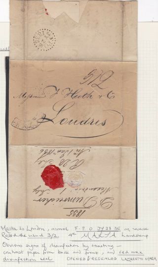 1835 Curved Malta Pmk Disinfected Letter Ex Egypt To Huth London Re - Wax