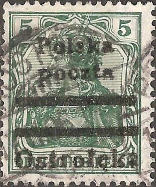 1918 1919 Poland 5 Pfg.  Stamp Ostroleka Polska Poczta Overprint Green