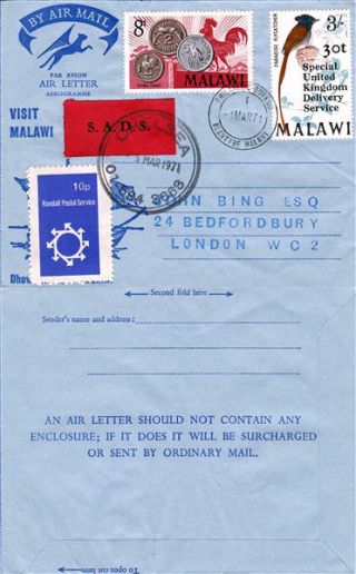 Malawi 1971 Strike Mail Air Letter Randall 10p Local Post Added To Sads Letter