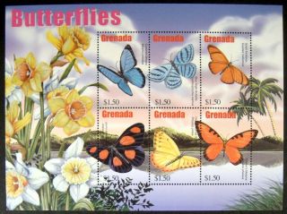 2002 Mnh Grenada Butterfly Stamp Sheet Butterflies Insect Moth Flowers Daffodils