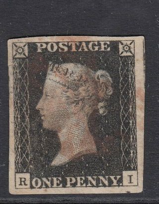 Great Britain 1840 1d Penny Black  Ri " 4 Margins,  Plate 1b,  Red Maltese X