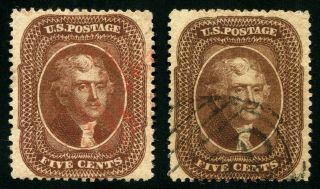 30 And 30a - 1860,  61 5 - Cent Orange Brown,  Brown,  Scott Cat $1765