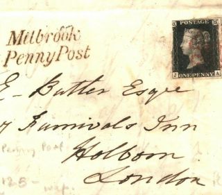 GB Hants PENNY BLACK Cover Southampton & Millbrook Penny Post 1840 London EA2 5
