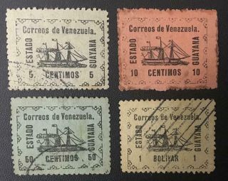 Venezuela.  1903.  Guayana Local.  5,  10,  50c.  1 Bol.  Scott 1,  2,  4,  5.  Cat.  120 Us$.
