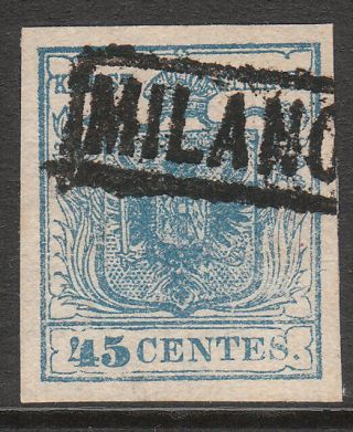 Lombardy Venetia 1851 Sass 17 Variety Ribbed Paper Pmk Milano Imperf Stamp
