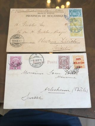 2 Rare 1900 Mozambique (portuguese Colonial) To Switzerland Cover Postcards