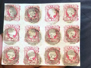 Rare 25 Reis Die Iii 1858 Rose Stamp 1/2 Sheet Porto Cancellation