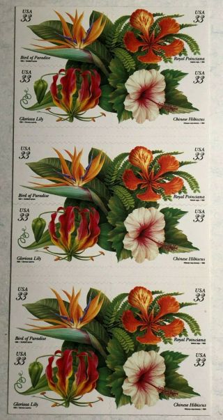 Scott 3313b 33¢ Tropical Flowers.  Plate S32333 Pane Of 20.  1999