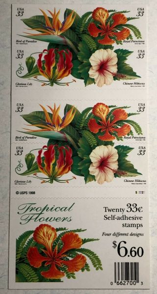 Scott 3313b 33¢ Tropical Flowers.  Plate S32333 pane of 20.  1999 2