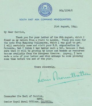 1944 Signed Letter And Cover From Lord Louis Mountbatten (mountbatten Of Burma)