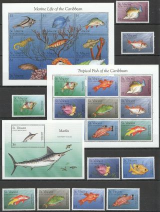 T1251 St.  Vincent Marine Life Caribbean Fauna Tropical Fish 2kb,  1bl,  Set Mnh